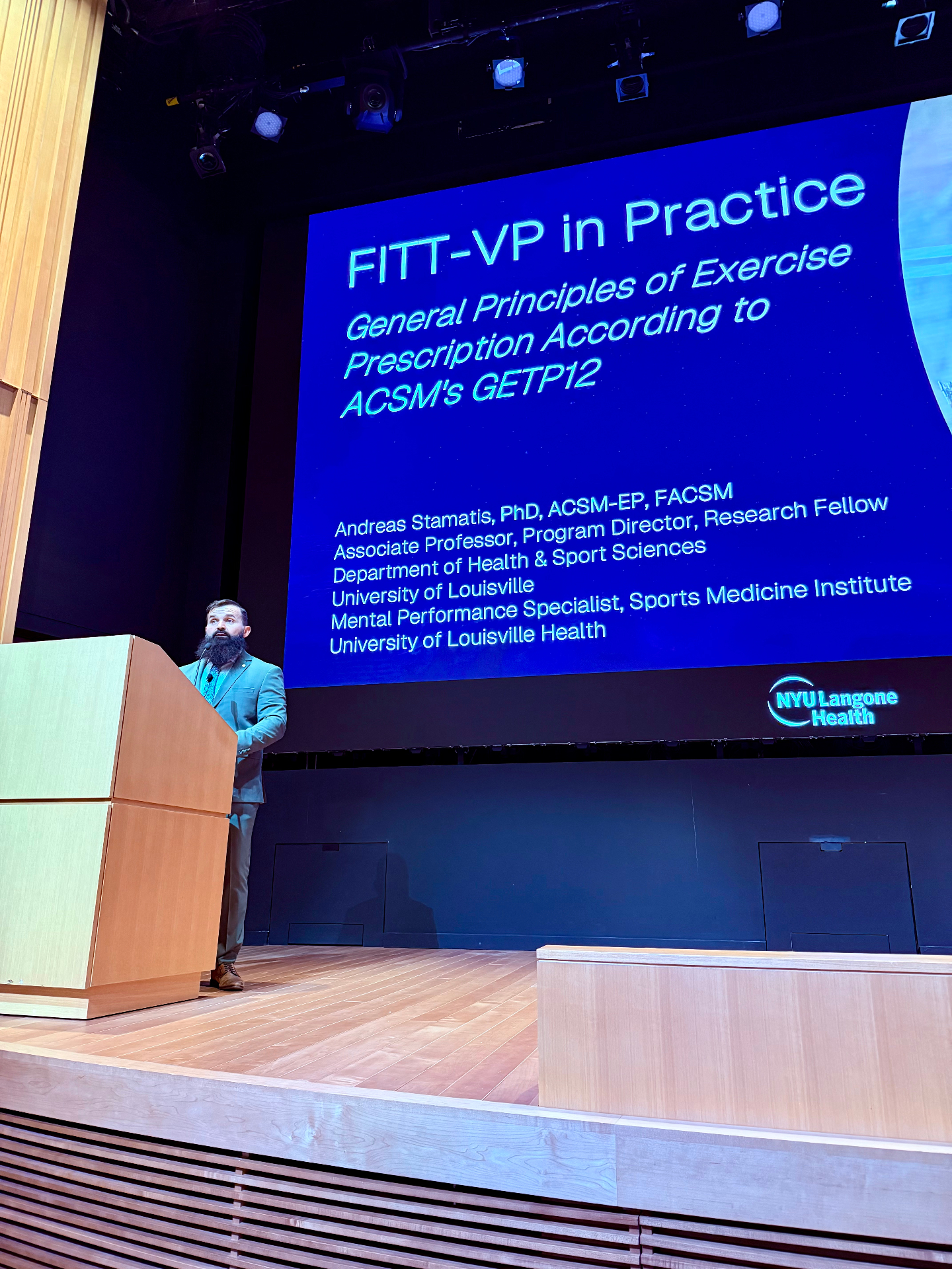 Andreas Stamatis speaking at NYU Langone Health on FITT-VP in practice
